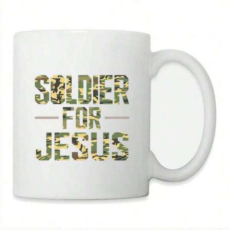 Tailorly White Ceramic 11 oz Mug - Soldier For Jesus Military Stencil Letters With Camouflage Pattern Printed On Ceramic Mug