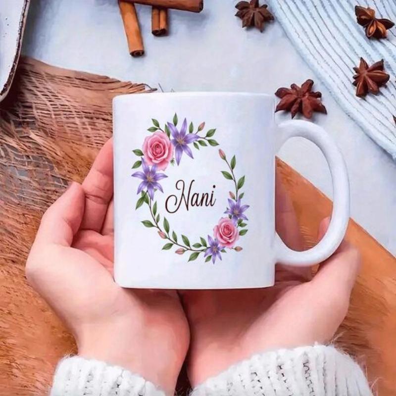 Tailorly White Ceramic 11 oz Mug - Nani Beautiful Pink Roses And Purple Petals Surrounded By Green Leaves Wreath