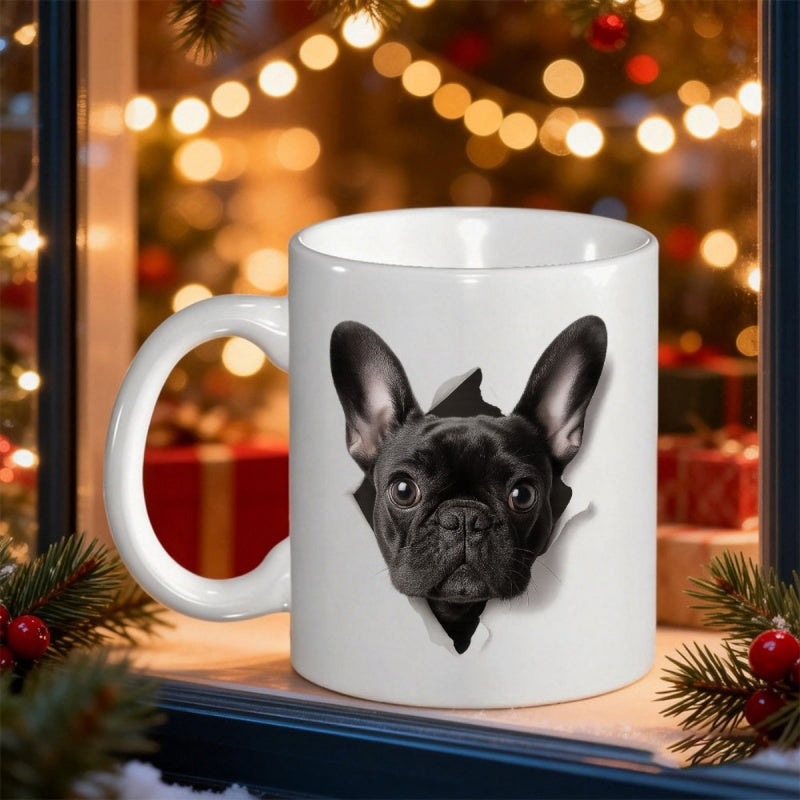 Tailorly White Ceramic 11 oz Mug - Realistic Black French Bulldog Head Peeking Through A Torn Paper Effect Bulldog