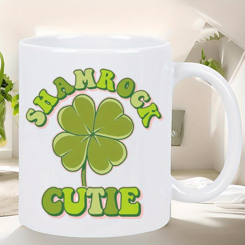 Tailorly White Ceramic 11 oz Mug - Shamrock Cutie Retro Style Green Bubbly Lettering Surrounding A Vibrant Four Leaf Clover