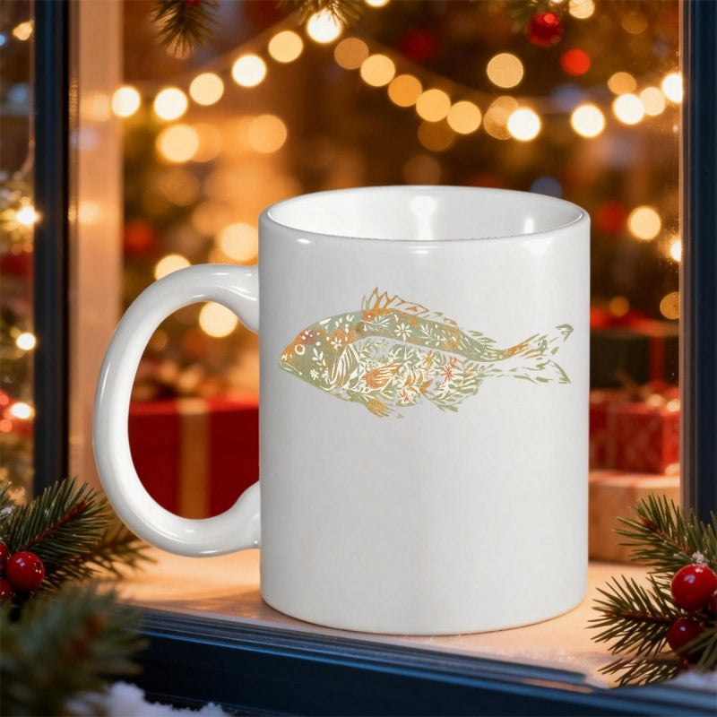 Tailorly White Ceramic 11 oz Mug - Intricate Golden Patterned Aquatic Creature Swimming Gracefully Within A Detailed Silhouette Fish
