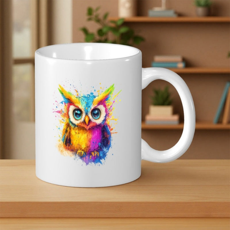 Tailorly White Ceramic 11 oz Mug - Artistic Watercolor Splash Painting With Vibrant Colors Featuring A Wise Little Owl