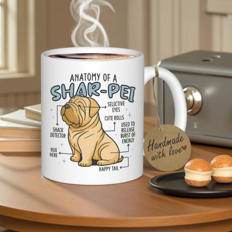 Tailorly White Ceramic 11 oz Mug - Anatomy Of A Shar Pei Cute Wrinkly Dog Sitting Peacefully Among Playful Educational Text Labels Shar Pei