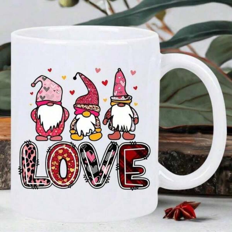 Tailorly White Ceramic 11 oz Mug - Love Three Sweet Scandinavian Gnomes In Pink Patterned Hats Under Floating Red Hearts Gnome