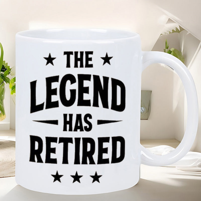 Tailorly White Ceramic 11 oz Mug - The Legend Has Retired Bold Arched Typography Featuring Several Small Pointed Minimalist Elements Star