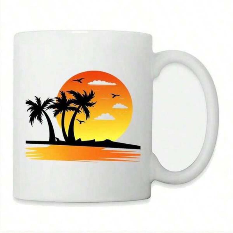 Tailorly White Ceramic 11 oz Mug - Tropical Sunset Scene With Silhouettes Of Flying Birds And Island Palm Trees