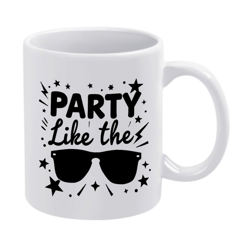 Tailorly White Ceramic 11 oz Mug - Party Like The Cool Dark Silhouette Surrounded By Shimmering Festive Stars Sunglasses