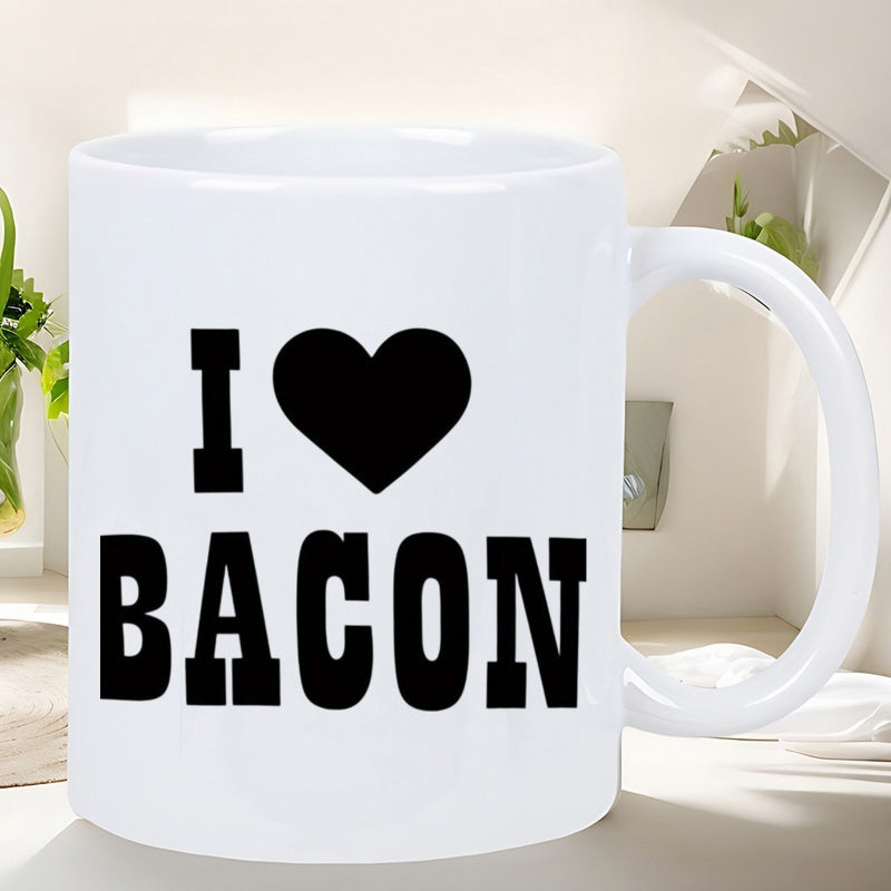 Tailorly White Ceramic 11 oz Mug - I Love Bacon Classic Minimalist White Ceramic With Bold Black Silhouette Heart Mug