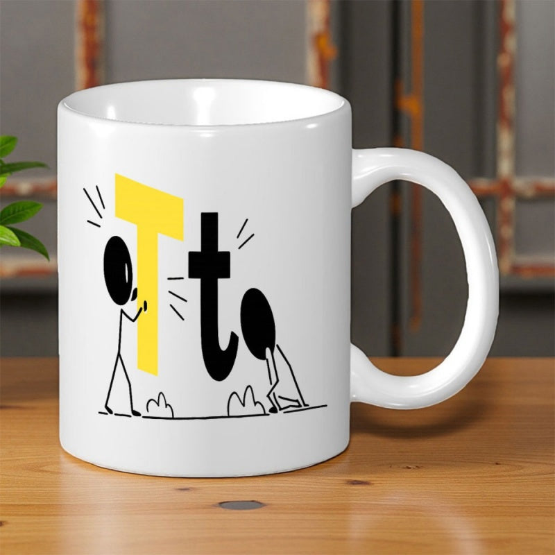 Tailorly White Ceramic 11 oz Mug - T T Minimalist Stick Figures Interacting With Large Yellow And Small Black Letters Illustration