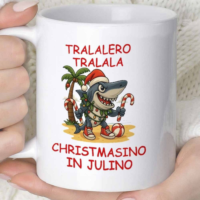 Tailorly White Ceramic 11 oz Mug - Tralalero Tralala Christmasino In Julino Wearing Santa Hat Under Palm Trees On A Sunny Tropical Beach Shark