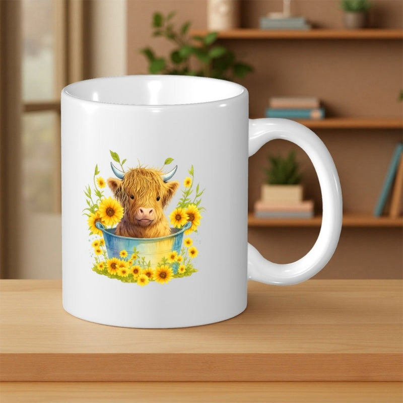 Tailorly White Ceramic 11 oz Mug - Adorable Fluffy Highland Calf Sitting Inside Blue Tub Surrounded By Vibrant Yellow Sunflowers Cow