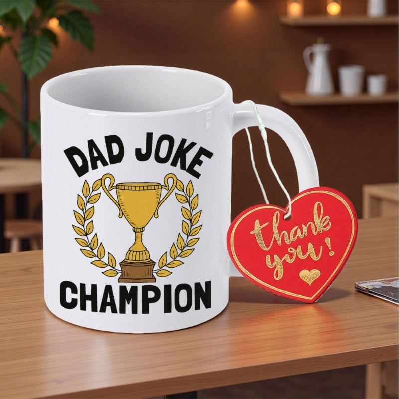 Tailorly White Ceramic 11 oz Mug - Dad Joke Champion Golden Laurel Wreath Surrounding A Victorious Shining Winning Trophy