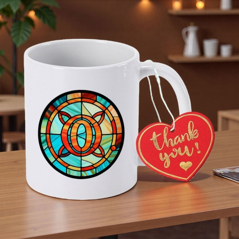 Tailorly White Ceramic 11 oz Mug - Thank You Colorful Intricate Stained Glass Circular Pattern Featuring A Centered Orange Alphabet Letter