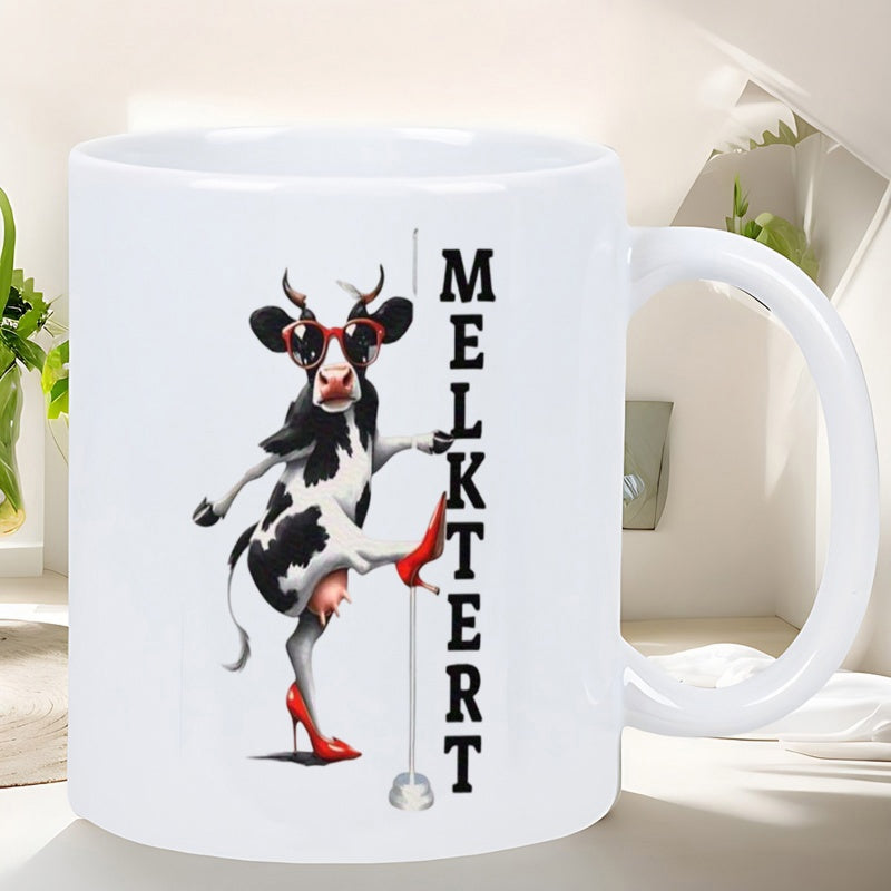 Tailorly White Ceramic 11 oz Mug - Melktert Funny Cartoon Cow Wearing Red Sunglasses And High Heels Near Pole Cow