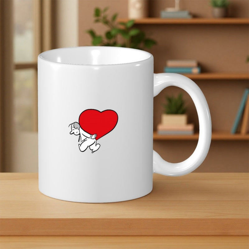 Tailorly White Ceramic 11 oz Mug - Simple Minimalist Cartoon Character Carrying A Large Vibrant Red Symbolic Heart