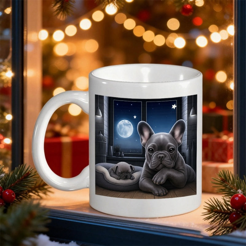 Tailorly White Ceramic 11 oz Mug - Cute French Bulldog Sitting Beside Sleeping Puppy Under A Full Moon Dog
