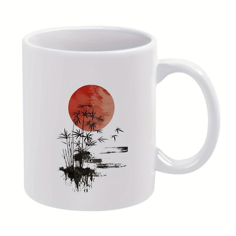 Tailorly White Ceramic 11 oz Mug - Red Rising Sun Shining Over Elegant Silhouetted Ink Style Bamboo