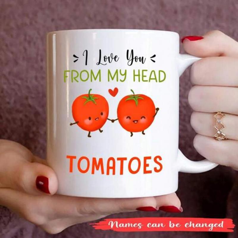 Tailorly White Ceramic 11 oz Mug - I Love You From My Head Tomatoes Two Adorable Little Red Cartoon Garden Vegetables Holding Hands With Tiny Heart Tomato