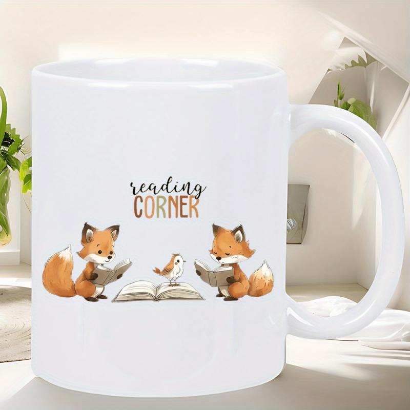 Tailorly White Ceramic 11 oz Mug - Reading Corner Two Cute Little Foxes Reading Books With A Small Bird Fox
