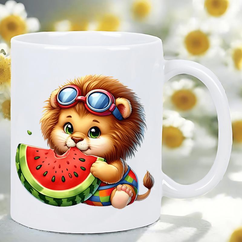 Tailorly White Ceramic 11 oz Mug - Adorable Little Cub Wearing Blue Goggles While Eating Refreshing Sweet Watermelon Lion