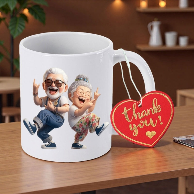Tailorly White Ceramic 11 oz Mug - Thank You Joyful Cool Elderly Couple Dancing In Modern Trendy Outfits Grandparents