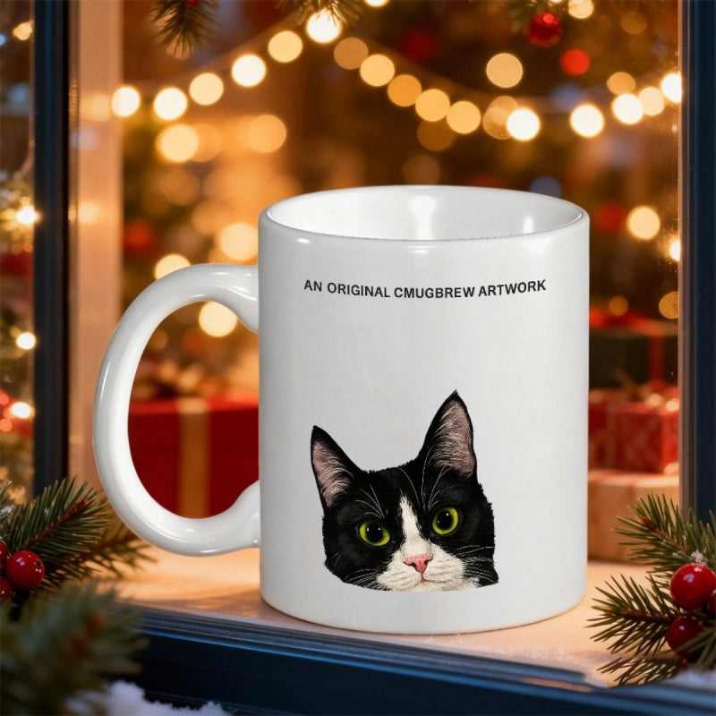 Tailorly White Ceramic 11 oz Mug - An Original Cmugbrew Artwork Adorable Black And White Tuxedo Feline With Piercing Green Eyes Cat