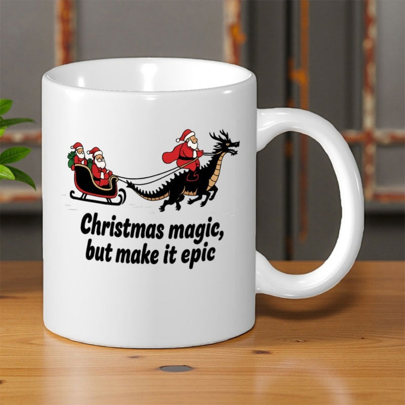 Tailorly White Ceramic 11 oz Mug - Christmas Magic But Make It Epic Festive Santa Riding A Powerful Black Dragon Pulling Sleigh Dragon