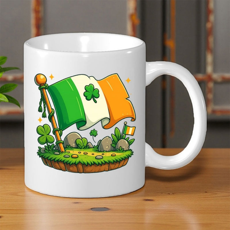 Tailorly White Ceramic 11 oz Mug - Waving Irish Tricolor With Shamrocks Over Grass And Golden Coins Flag