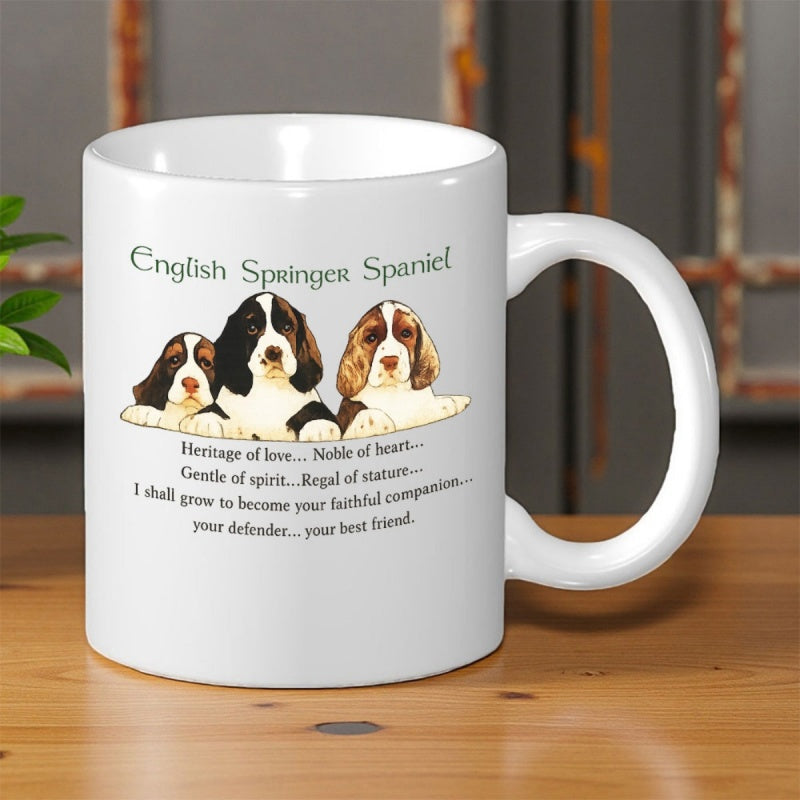 Tailorly White Ceramic 11 oz Mug - English Springer Spaniel Three Faithful Puppies Resting Peacefully On A Clean Background Spaniel