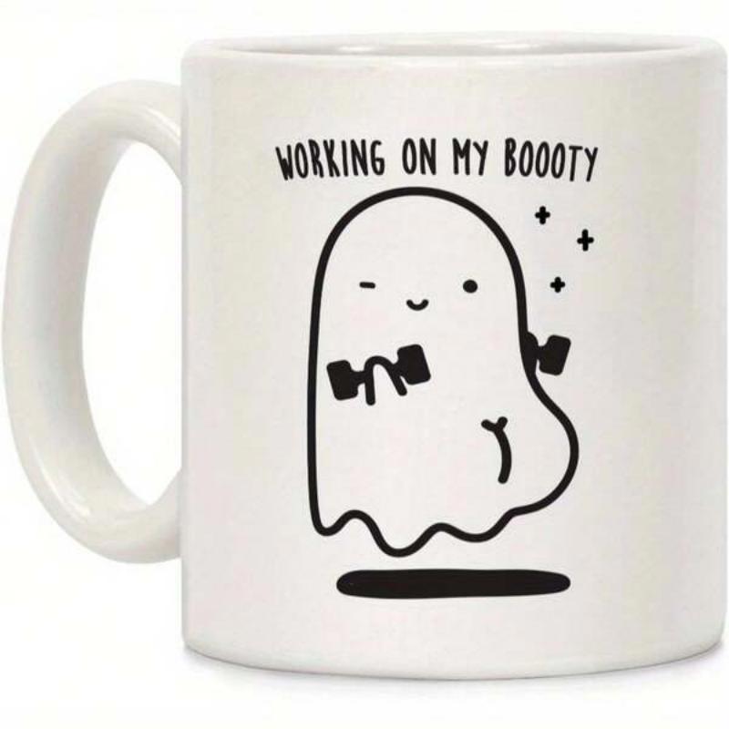 Tailorly White Ceramic 11 oz Mug - Working On My Boooty Cute Cartoon Ghost Lifting Black Dumbbells With Twinkling Stars And Shadow Ghost