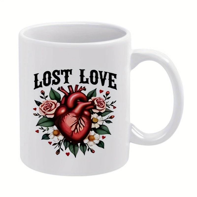 Tailorly White Ceramic 11 oz Mug - Lost Love Vintage Style Anatomical Red Organ Surrounded By Pink Roses And Flowers Heart