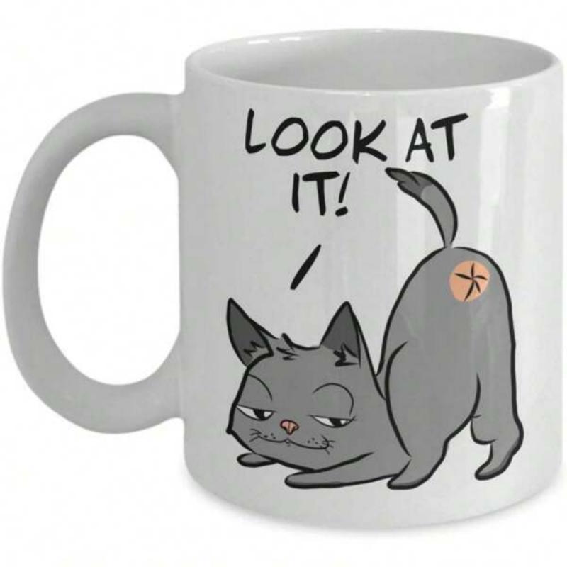 Tailorly White Ceramic 11 oz Mug - Look At It Funny Playful Grey Cartoon Feline Stretching To Show Detailed Rear End Cat
