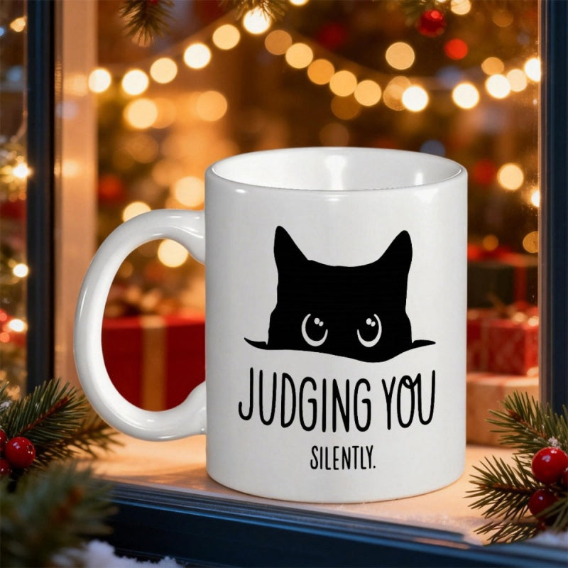 Tailorly White Ceramic 11 oz Mug - Judging You Silently Minimalist Peeking Black Cat Silhouette With Large Grumpy Eyes Cat