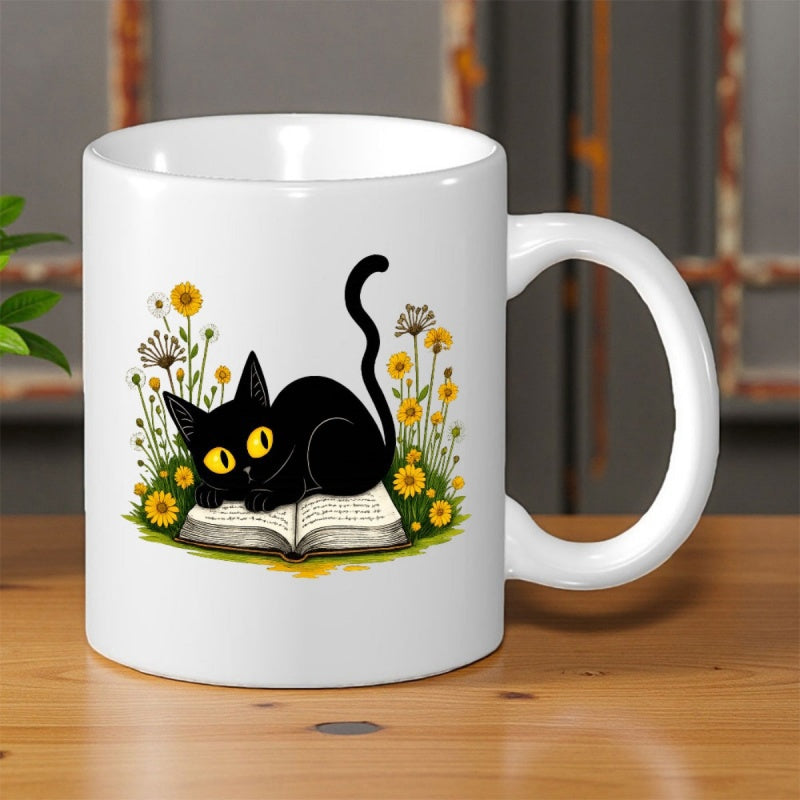 Tailorly White Ceramic 11 oz Mug - Adorable Silhouette Resting On Open Book Among Sunny Wildflowers Cat