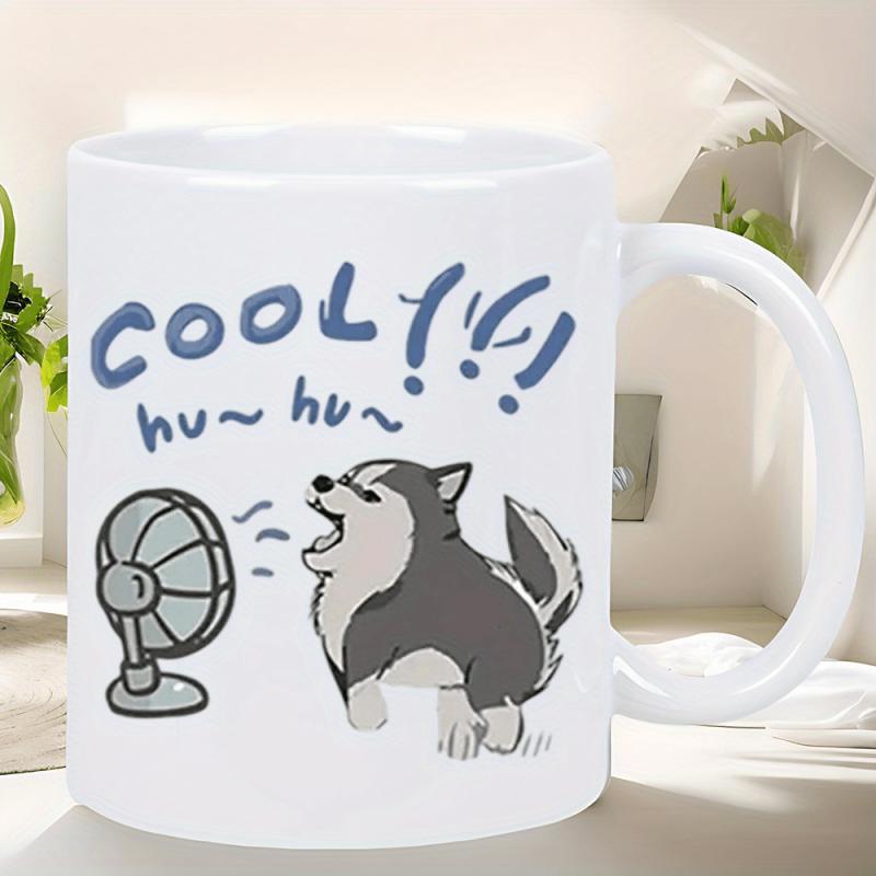 Tailorly White Ceramic 11 oz Mug - Cool Adorable Cartoon Dog Sitting In Front Of Electric Fan Cooling Off Husky