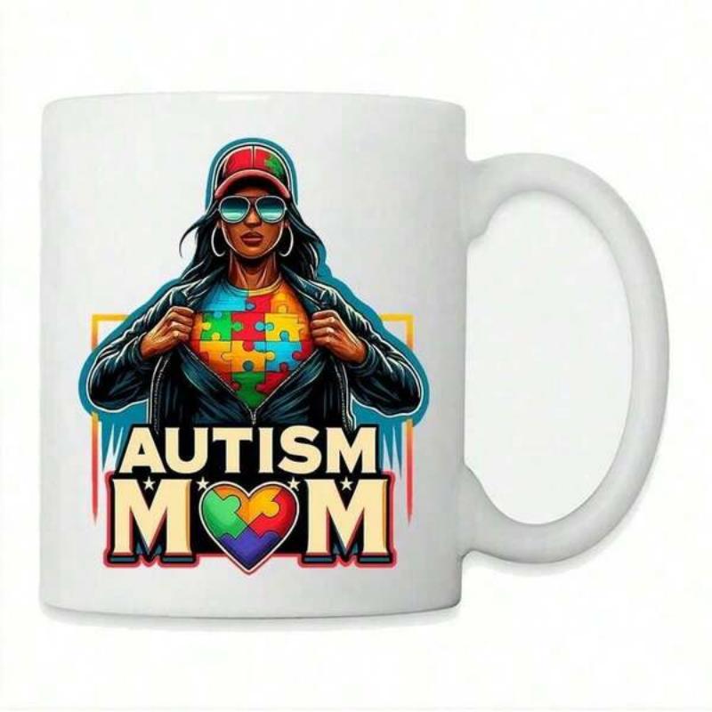 Tailorly White Ceramic 11 oz Mug - Autism Mom Empowered Lady Revealing Heart Shaped Colorful Puzzle Pieces Awareness Heroic Woman