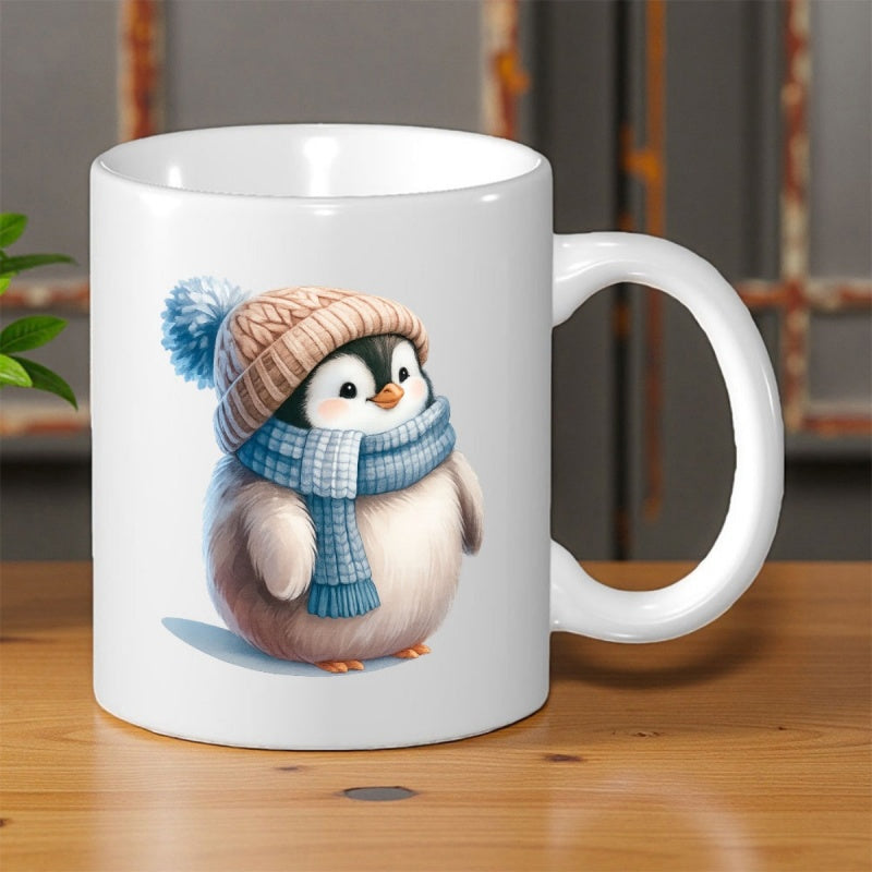 Tailorly White Ceramic 11 oz Mug - Adorable Chubby Baby Wearing Knitted Hat And Warm Scarf Penguin