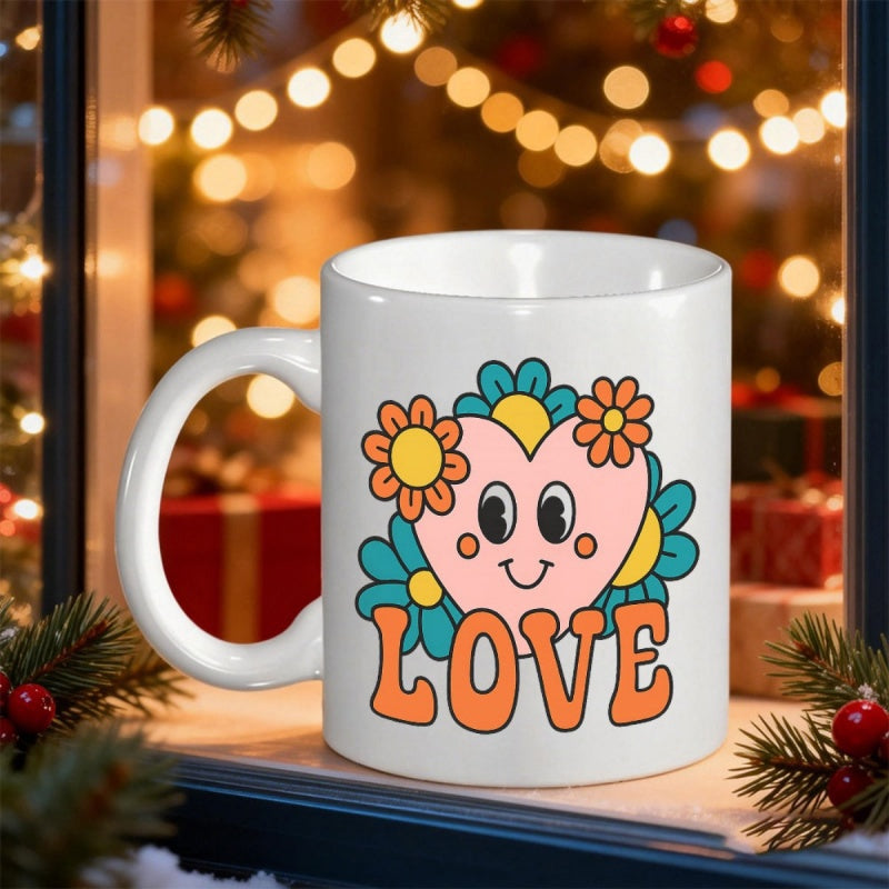 Tailorly White Ceramic 11 oz Mug - Love Charming Retro Groovy Heart Character Surrounded By Vibrant Colorful Petals Heart