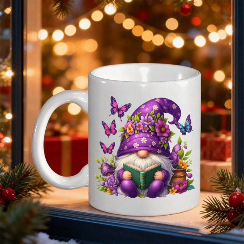 Tailorly White Ceramic 11 oz Mug - Whimsical Purple Hat Figure Reading Green Book Among Colorful Butterflies Gnome