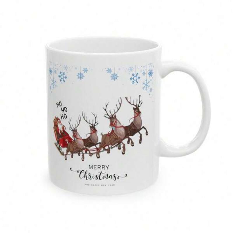 Tailorly White Ceramic 11 oz Mug - Merry Christmas Santa Riding Through Snowy Sky Pulled By Flying Majestic Reindeer Sleigh