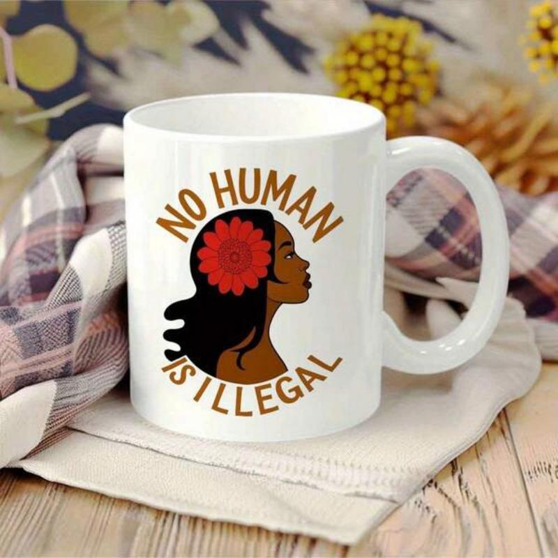 Tailorly White Ceramic 11 oz Mug - No Human Is Illegal Beautiful Black Woman Profile Wearing Vibrant Red Flower Woman