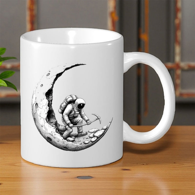 Tailorly White Ceramic 11 oz Mug - Crescent Moon Mining Scene With Pickaxe Among Lunar Craters Astronaut