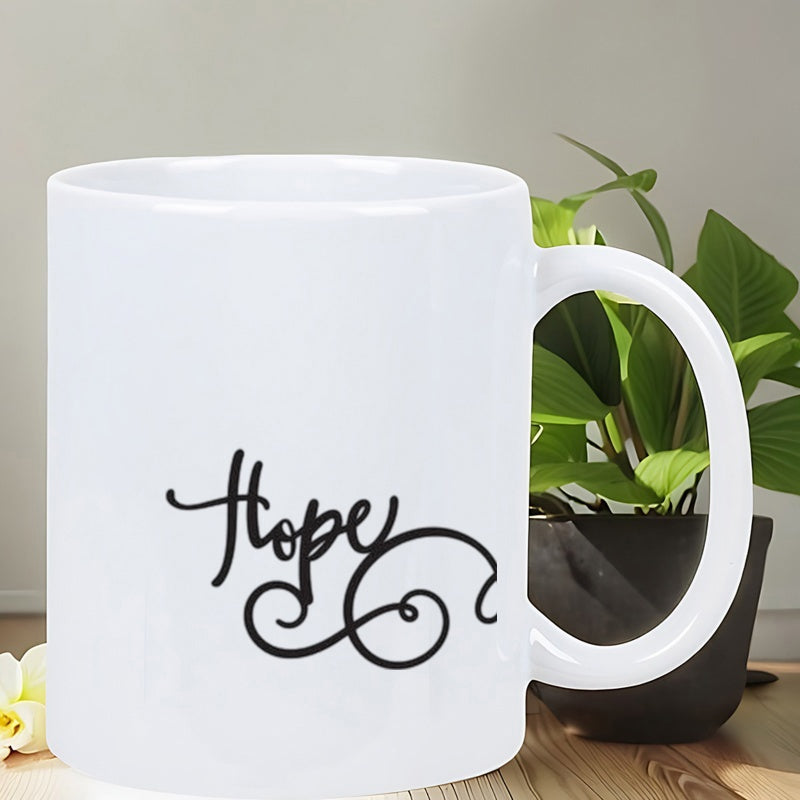 Tailorly White Ceramic 11 oz Mug - Hope Elegant Minimalist Black Cursive Script With Artistic Decorative Flourish Symbol