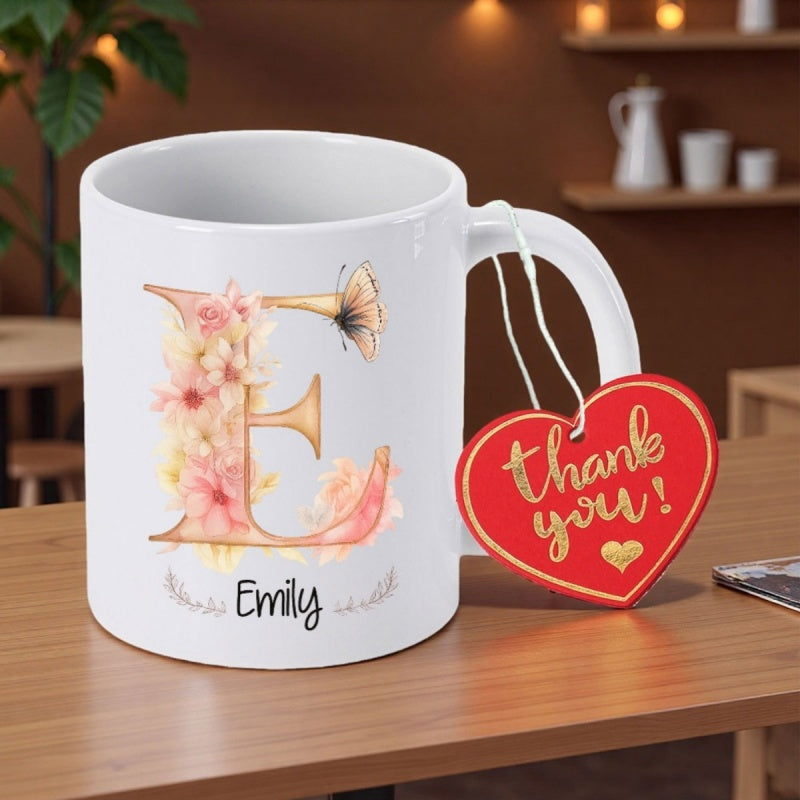 Tailorly White Ceramic 11 oz Mug - Emily Thank You Elegant Floral Initial Letter With Pink Blossoms And Butterfly Flower