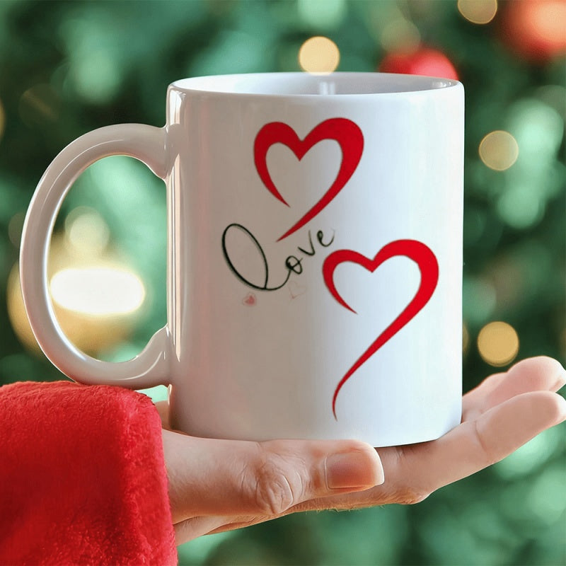Tailorly White Ceramic 11 oz Mug - Love Minimalist Stylized Red Hearts Sweeping Across A Clean