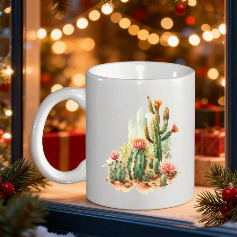 Tailorly White Ceramic 11 oz Mug - Green Watercolor Desert Plants Blooming With Vibrant Pink Flowers Cactus