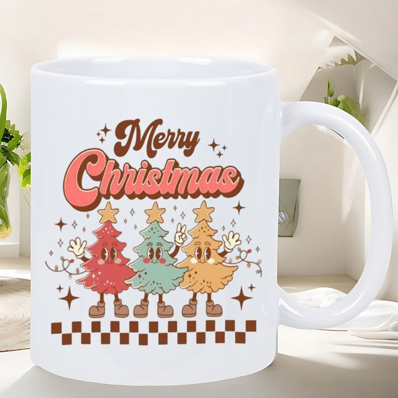 Tailorly White Ceramic 11 oz Mug - Merry Christmas Retro Cartoonish Smiling Trees Wearing Boots Among Twinkling Festive Stars Mug