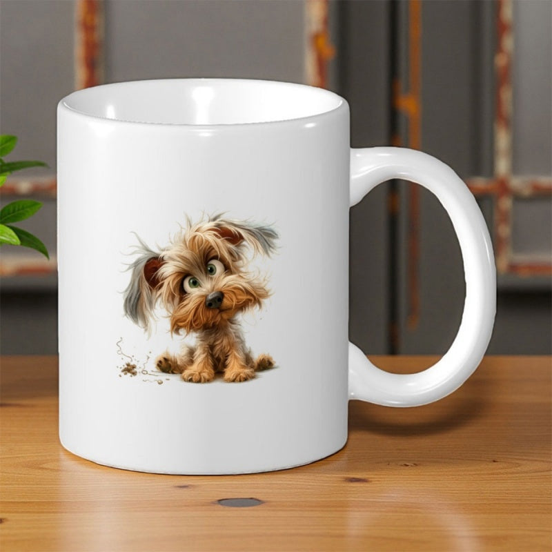 Tailorly White Ceramic 11 oz Mug - Adorable Fluffy Puppy With Big Curious Eyes Sitting On Ground Yorkie