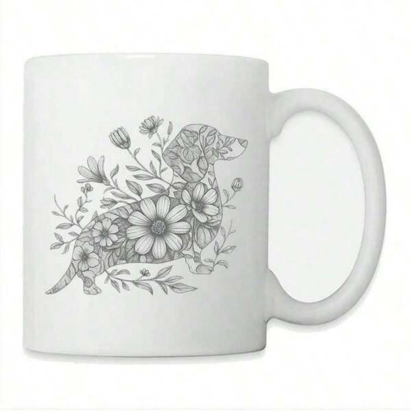 Tailorly White Ceramic 11 oz Mug - Elegant Intricate Floral Line Art Featuring Blooming Garden Flowers And Leaves Dachshund