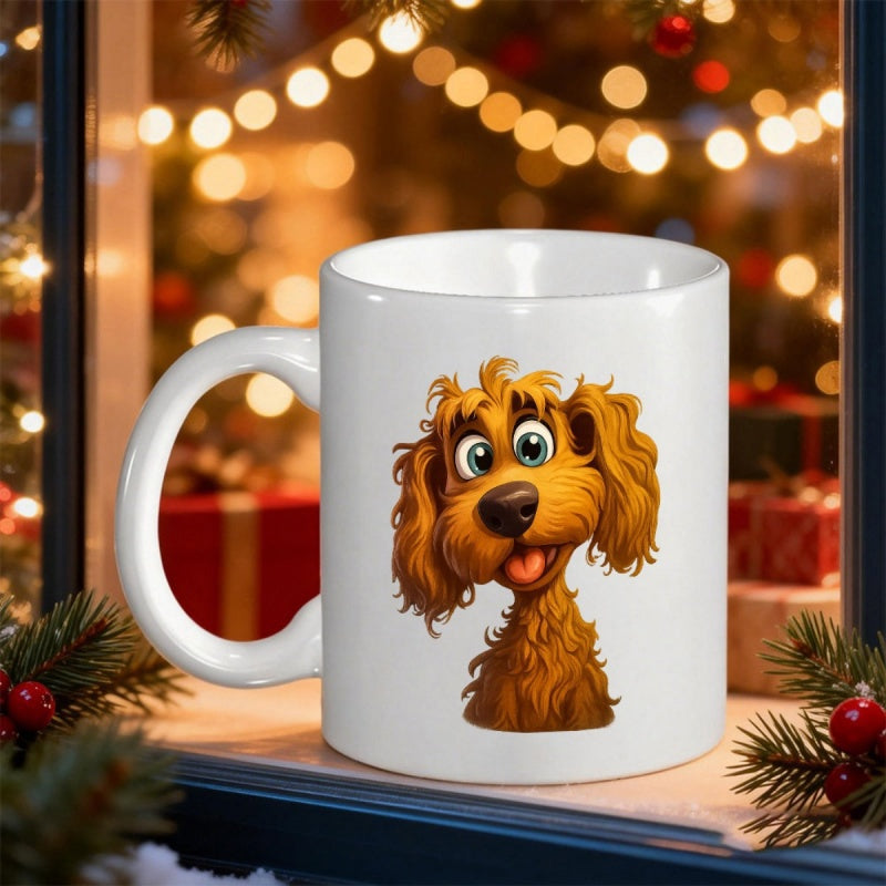 Tailorly White Ceramic 11 oz Mug - Fluffy Brown Puppy With Big Eyes Smiling In Cozy Festive Atmosphere Dog